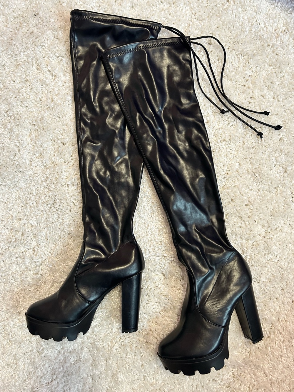 Platform Over-the-Knee Black Boots with Tie Back